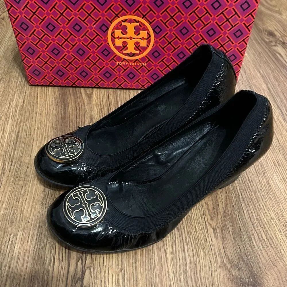 TORY BURCH black gold wedge heels pumps shoes women’s 7